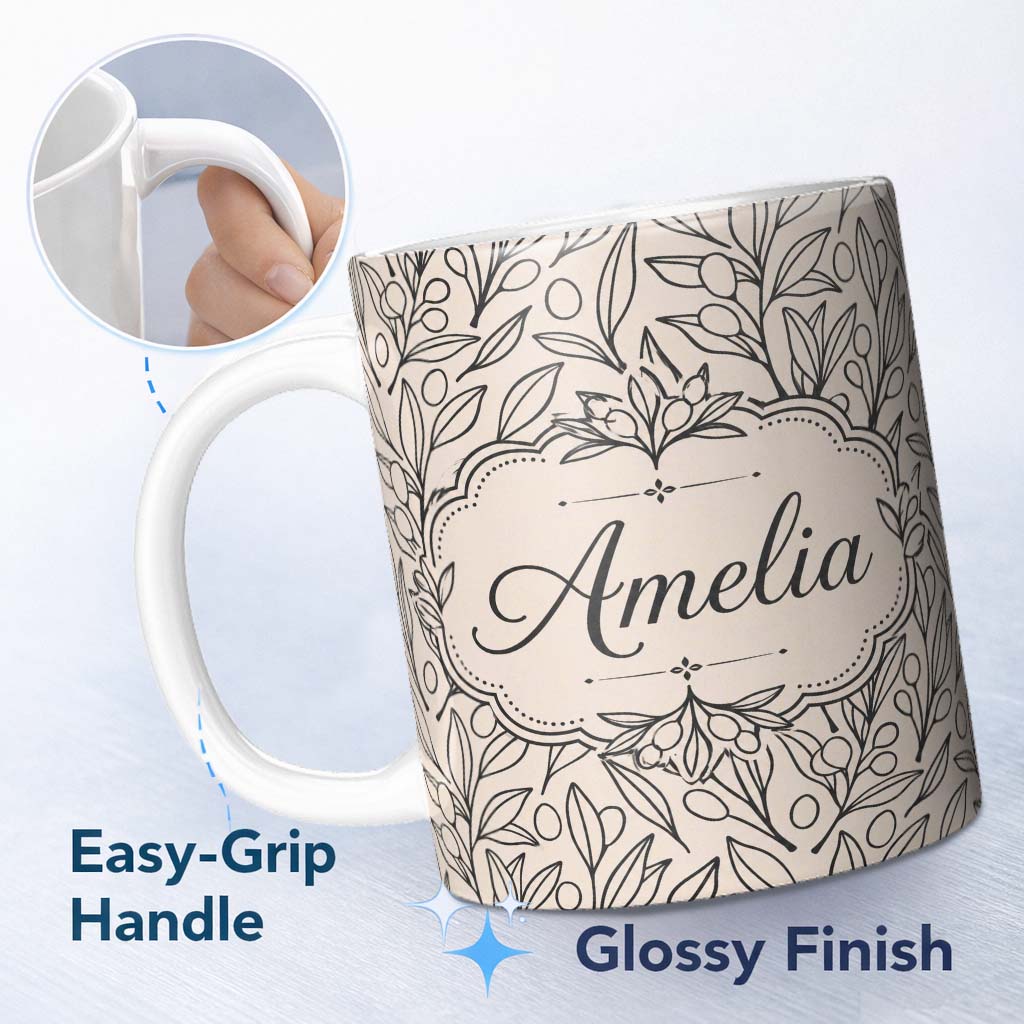 Personalized Custom Name Neutral Botanical Line Art Leaves Seamless Pattern Minimal Nature 11oz Ceramic Coffee Tea Mug White Large Handle