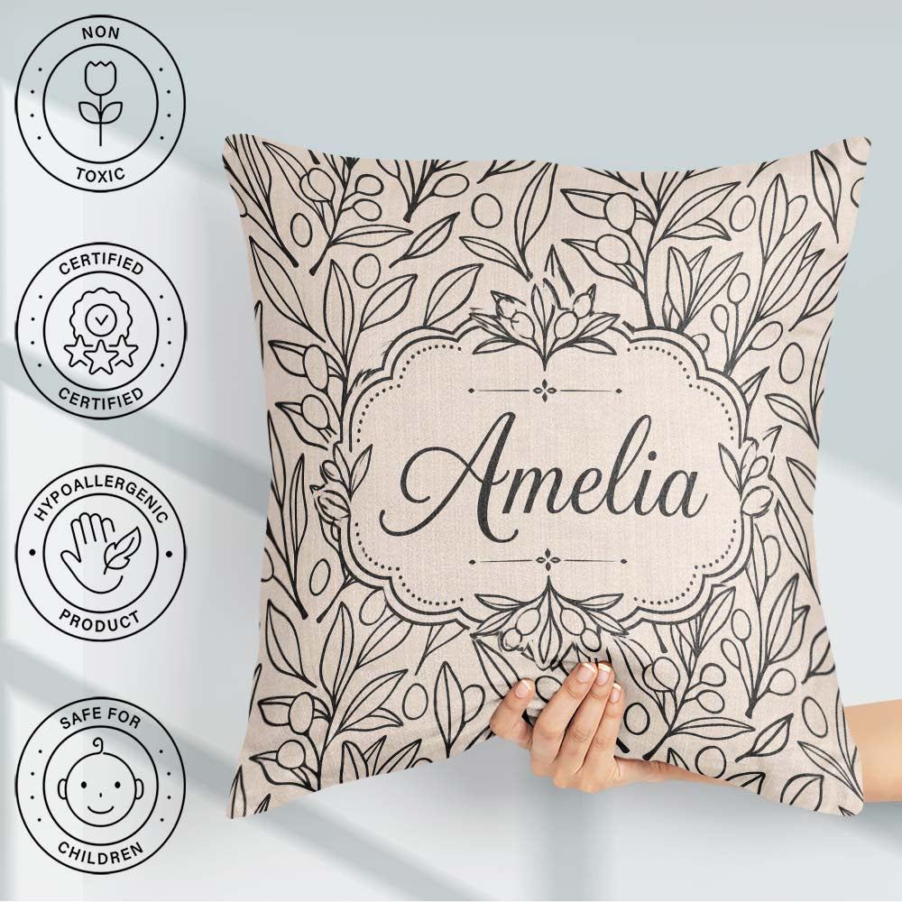 Custom Name Neutral Botanical Art Leaves Seamless Pattern Nature Square Filled Cushion Throw Pillow Sofa Bed Home Decor Zip Washable UK Made
