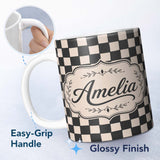 Personalized Custom Name Black White Wavy Checkerboard Seamless Pattern Geometric Style Name 11oz Ceramic Coffee Tea Mug White Large Handle
