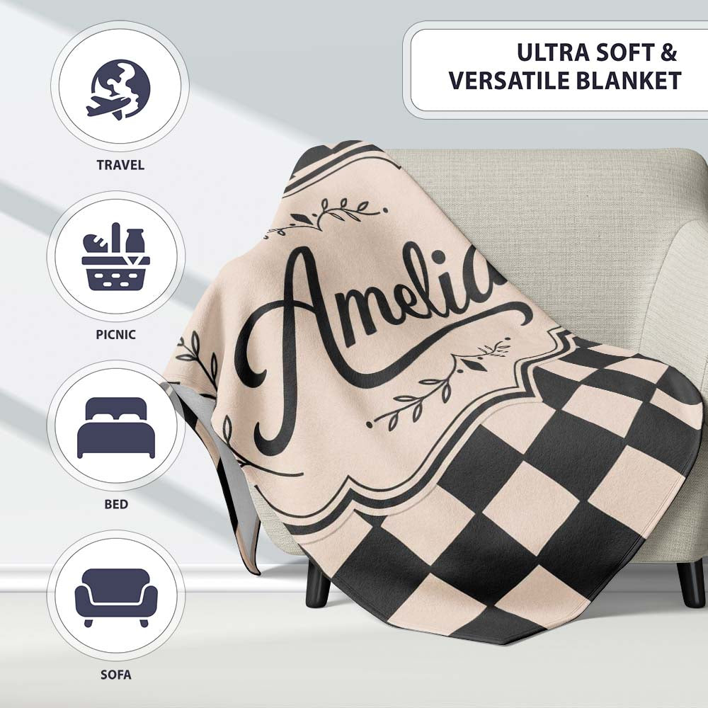 Black White Wavy Checkerboard Seamless Pattern Geometric Style Name  Personalised Custom Name Super Soft Fleece Blanket Bed Sofa Throw