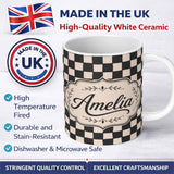 Personalized Custom Name Black White Wavy Checkerboard Seamless Pattern Geometric Style Name 11oz Ceramic Coffee Tea Mug White Large Handle