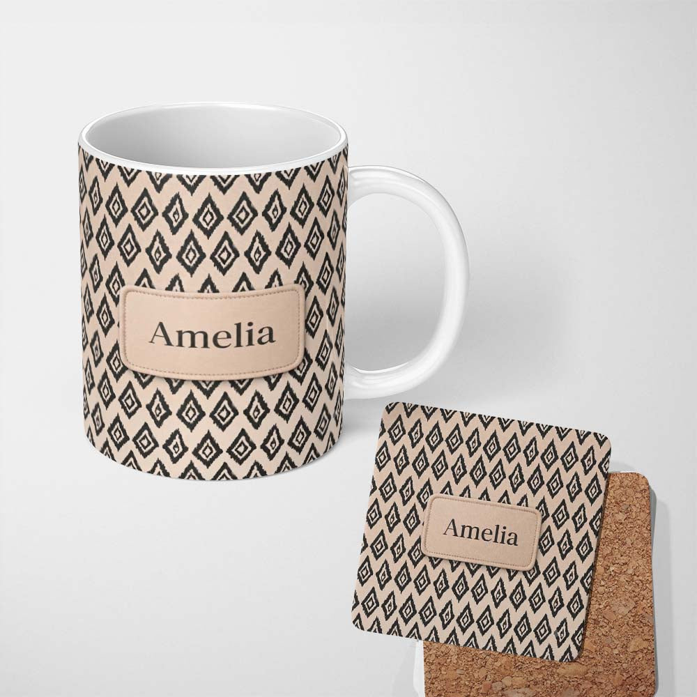 Personalized Custom Name Black Tribal Diamond Ikat Seamless Pattern Ethnic Geometric Design 11oz Ceramic Coffee Tea Mug White Large Handle