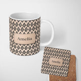 Personalized Custom Name Black Tribal Diamond Ikat Seamless Pattern Ethnic Geometric Design 11oz Ceramic Coffee Tea Mug White Large Handle