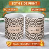 Personalized Custom Name Black Tribal Diamond Ikat Seamless Pattern Ethnic Geometric Design 11oz Ceramic Coffee Tea Mug White Large Handle