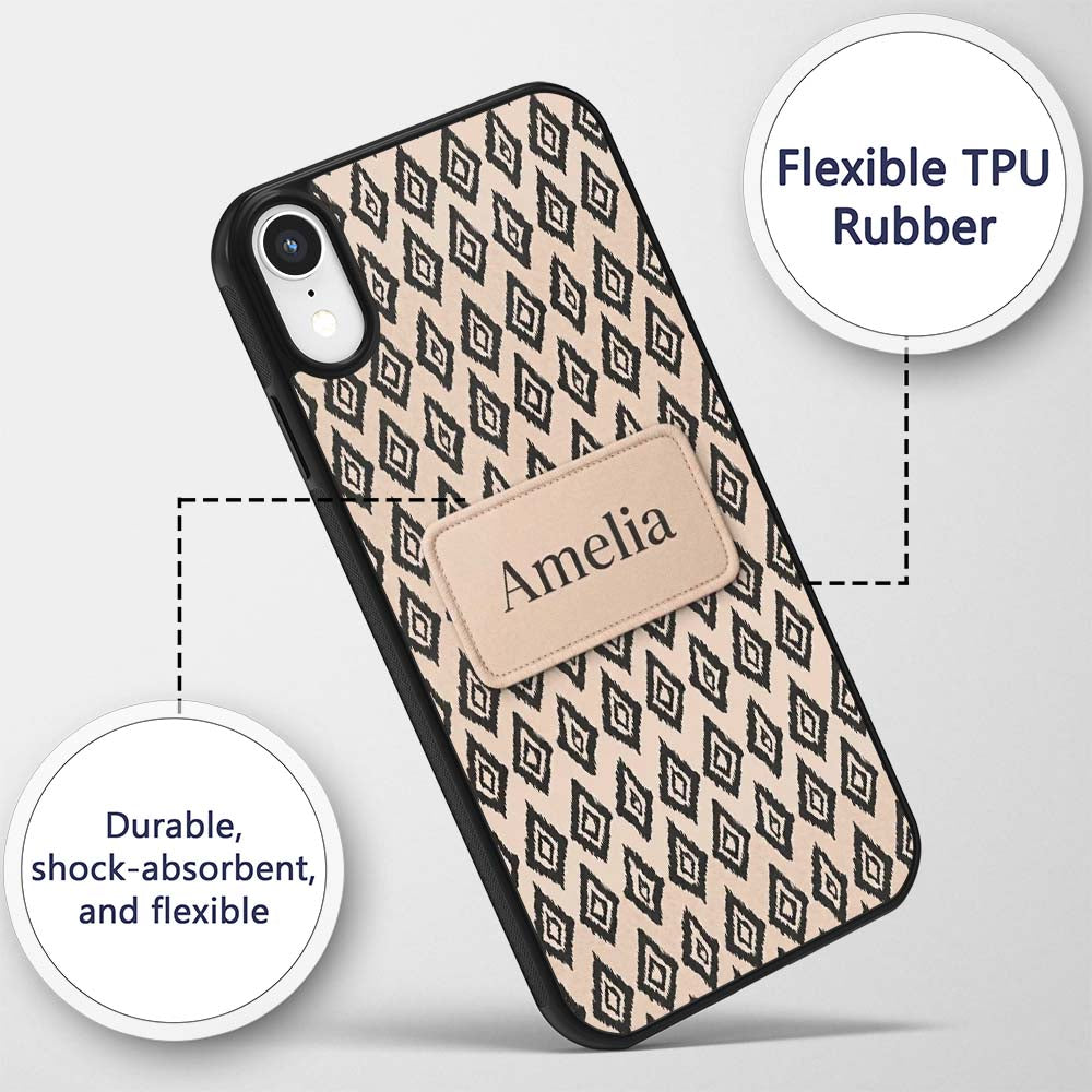 Black Tribal Diamond Ikat Seamless Pattern Ethnic Custom Name Protective Phone Case Mobile Cover Durable Everyday Smartphone Shock Resistant