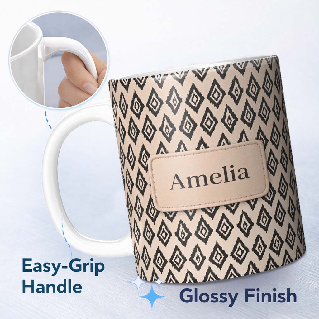 Personalized Custom Name Black Tribal Diamond Ikat Seamless Pattern Ethnic Geometric Design 11oz Ceramic Coffee Tea Mug White Large Handle