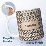 Personalized Custom Name Black Tribal Diamond Ikat Seamless Pattern Ethnic Geometric Design 11oz Ceramic Coffee Tea Mug White Large Handle