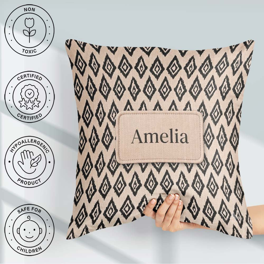 Custom Name Black Tribal Diamond Ikat Seamless Pattern Geometric Square Filled Cushion Throw Pillow Sofa Bed Home Decor Zip Washable UK Made
