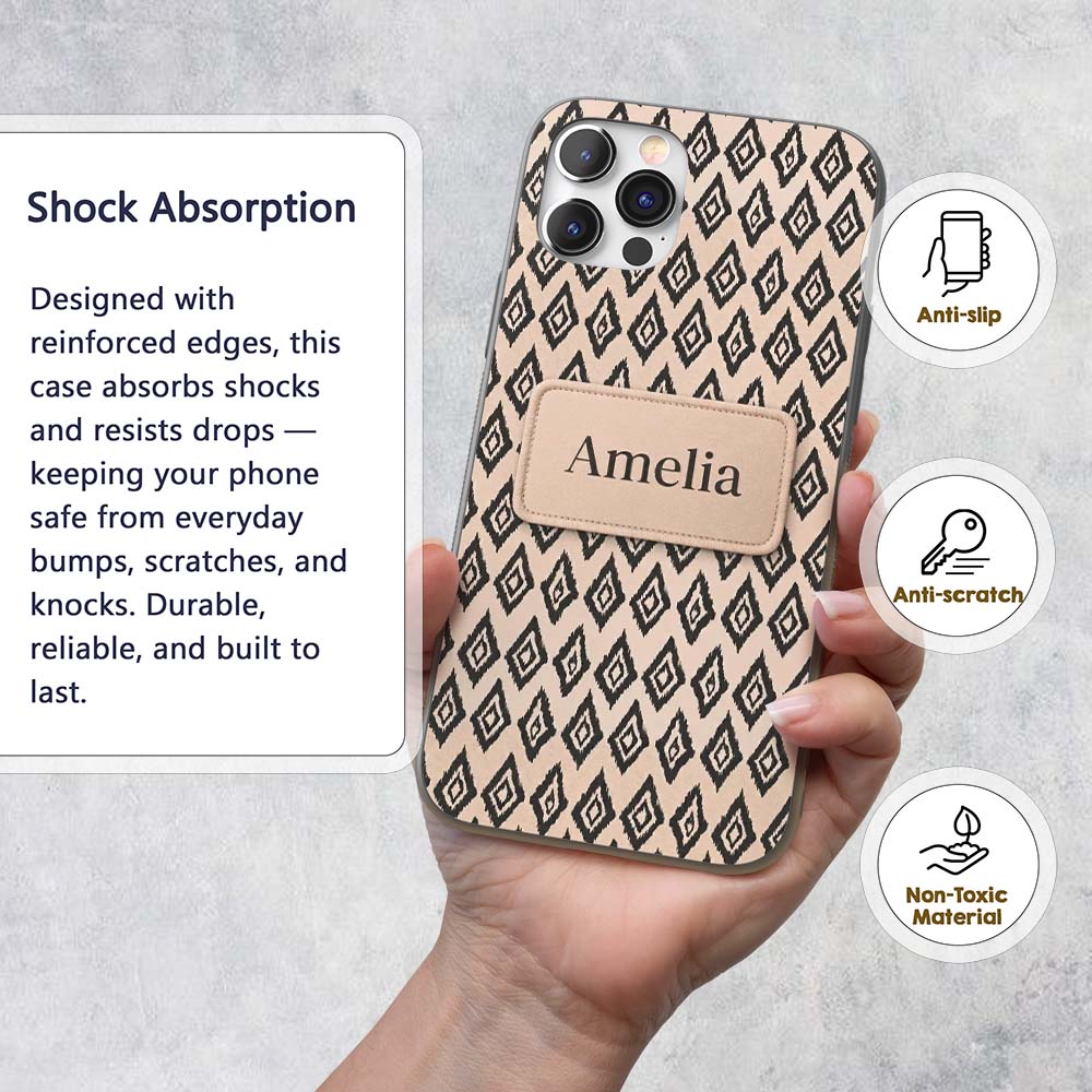Black Tribal Diamond Ikat Seamless Pattern Ethnic Custom Name Protective Phone Case Mobile Cover Durable Everyday Smartphone Shock Resistant