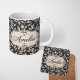 Personalized Custom Name Minimal Beige Leaf Botanical Seamless Pattern on Dark Background 11oz Ceramic Coffee Tea Mug White Large Handle