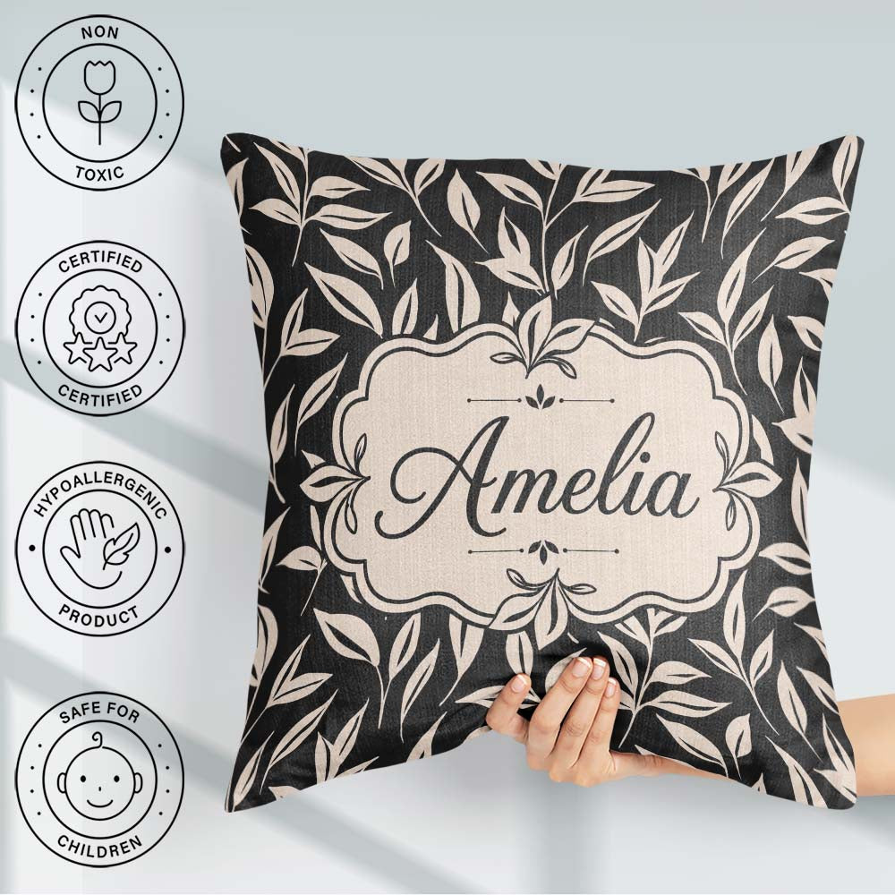 Custom Name Minimal Beige Leaf Botanical Pattern Dark Background Square Filled Cushion Throw Pillow Sofa Bed Home Decor Zip Washable UK Made