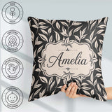 Custom Name Minimal Beige Leaf Botanical Pattern Dark Background Square Filled Cushion Throw Pillow Sofa Bed Home Decor Zip Washable UK Made