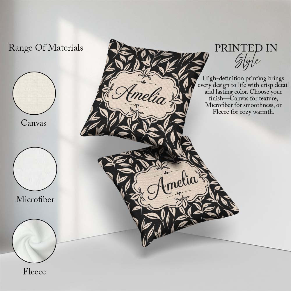 Custom Name Minimal Beige Leaf Botanical Pattern Dark Background Square Filled Cushion Throw Pillow Sofa Bed Home Decor Zip Washable UK Made