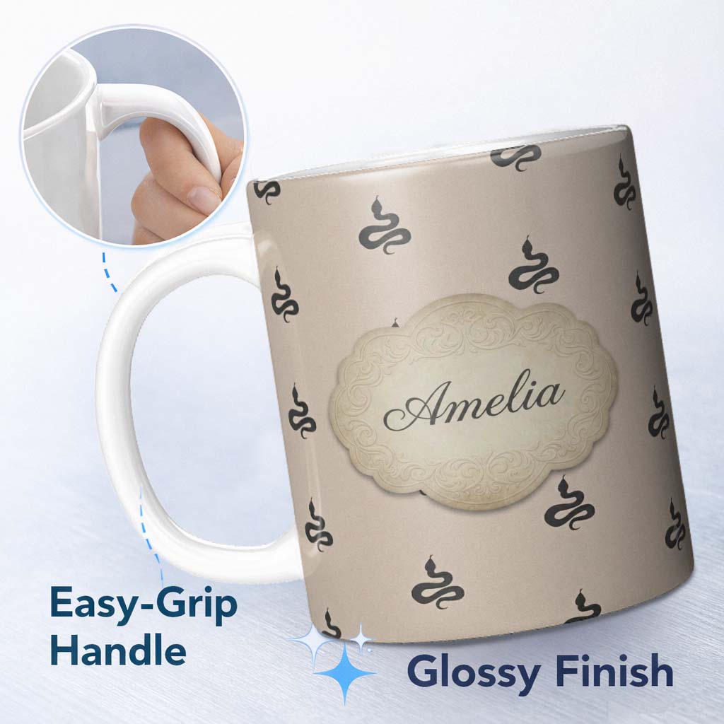 Personalized Custom Name Minimal Black Snake Silhouette Seamless Pattern on Neutral 11oz Ceramic Coffee Tea Mug White Large Handle