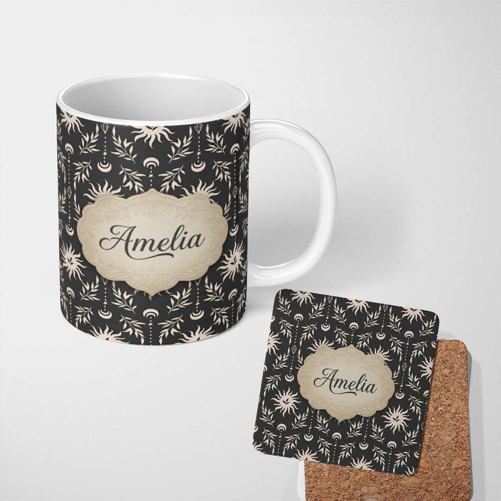 Personalized Custom Name Celestial Sun Moon Botanical Seamless Pattern Mystical Nature 11oz Ceramic Coffee Tea Mug White Large Handle