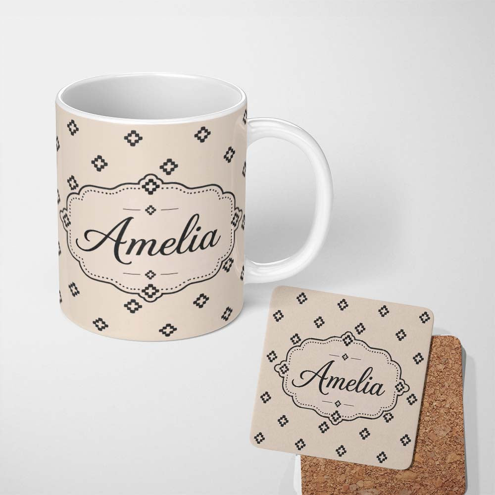 Personalized Custom Name Minimal Geometric Cross Seamless Pattern on Neutral Background 11oz Ceramic Coffee Tea Mug White Large Handle
