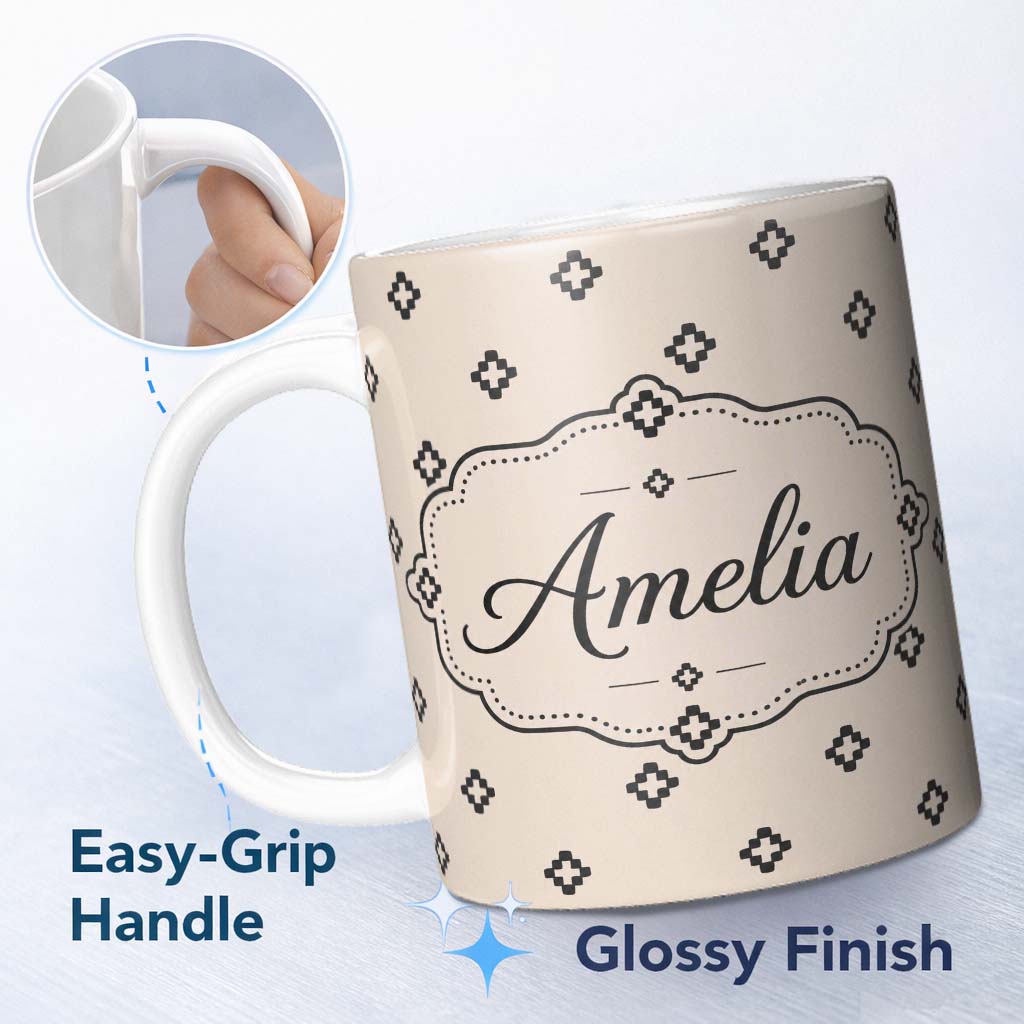 Personalized Custom Name Minimal Geometric Cross Seamless Pattern on Neutral Background 11oz Ceramic Coffee Tea Mug White Large Handle