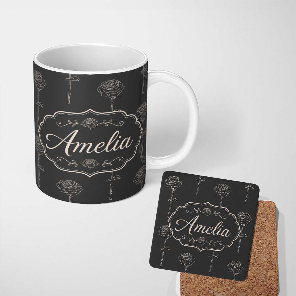 Personalized Custom Name Elegant Rose Line Art Floral Seamless Pattern on Dark Background 11oz Ceramic Coffee Tea Mug White Large Handle