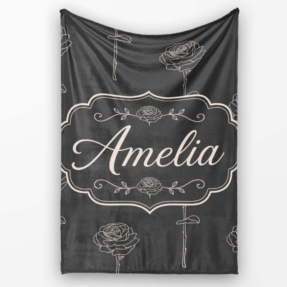 Elegant Rose Line Art Floral Seamless Pattern on Dark Background  Personalised Custom Name Super Soft Fleece Blanket Bed Sofa Throw