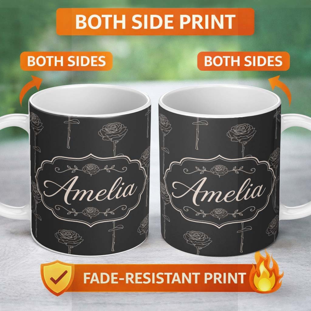 Personalized Custom Name Elegant Rose Line Art Floral Seamless Pattern on Dark Background 11oz Ceramic Coffee Tea Mug White Large Handle