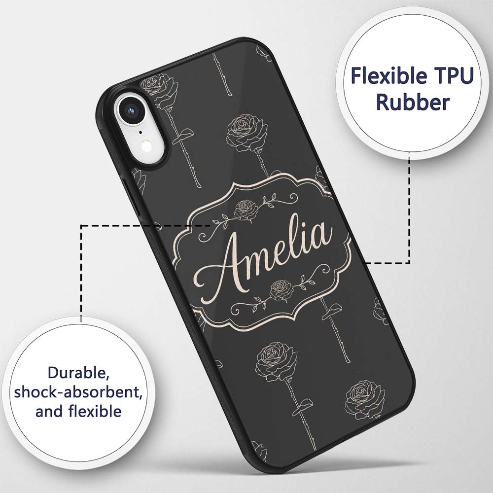 Elegant Rose Line Art Floral Seamless Pattern on Custom Name Protective Phone Case Mobile Cover Durable Everyday Smartphone Shock Resistant