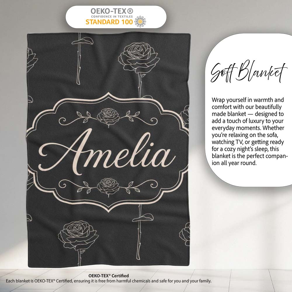 Elegant Rose Line Art Floral Seamless Pattern on Dark Background  Personalised Custom Name Super Soft Fleece Blanket Bed Sofa Throw