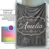 Elegant Rose Line Art Floral Seamless Pattern on Dark Background  Personalised Custom Name Super Soft Fleece Blanket Bed Sofa Throw
