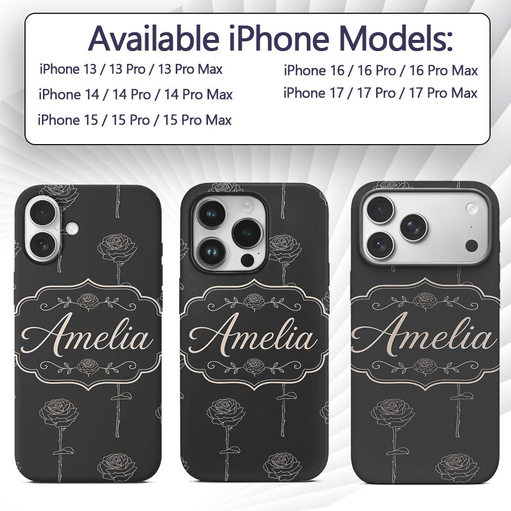 Elegant Rose Line Art Floral Seamless Pattern on Custom Name Protective Phone Case Mobile Cover Durable Everyday Smartphone Shock Resistant