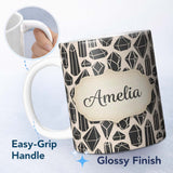 Personalized Custom Name Abstract Crystal Gemstone Seamless Pattern Modern Geometric Design 11oz Ceramic Coffee Tea Mug White Large Handle
