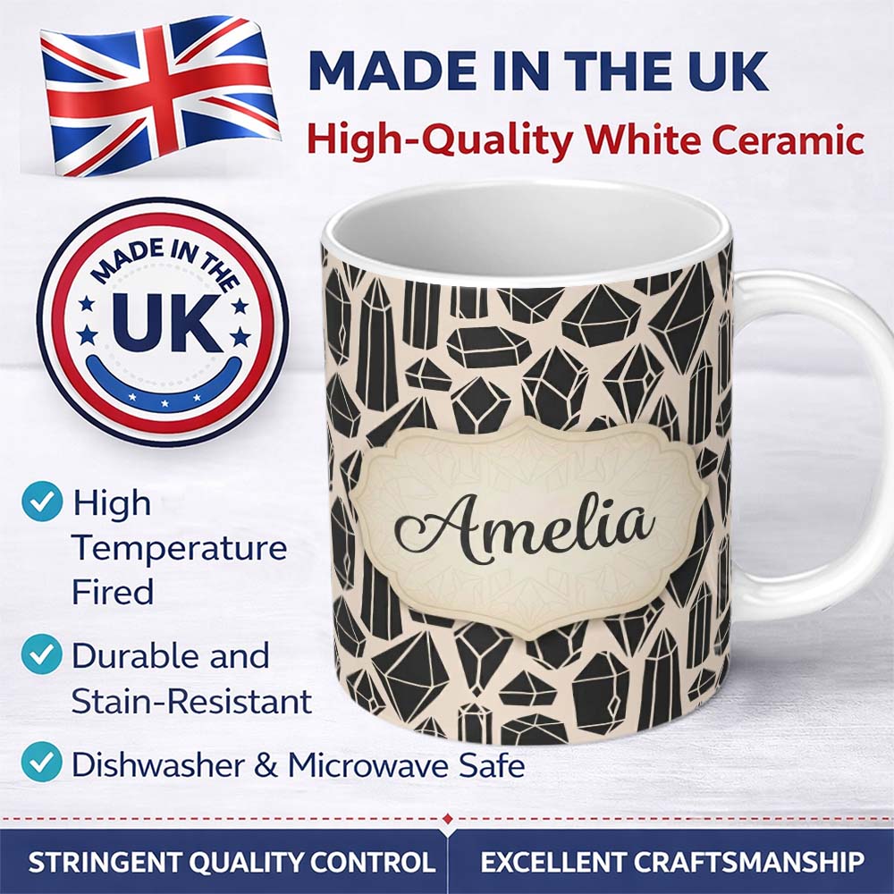 Personalized Custom Name Abstract Crystal Gemstone Seamless Pattern Modern Geometric Design 11oz Ceramic Coffee Tea Mug White Large Handle