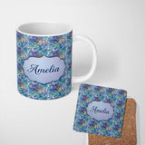 Personalized Custom Name Abstract Blue Mosaic Glass Waves Seamless Pattern Artistic Texture 11oz Ceramic Coffee Tea Mug White Large Handle