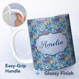 Personalized Custom Name Abstract Blue Mosaic Glass Waves Seamless Pattern Artistic Texture 11oz Ceramic Coffee Tea Mug White Large Handle