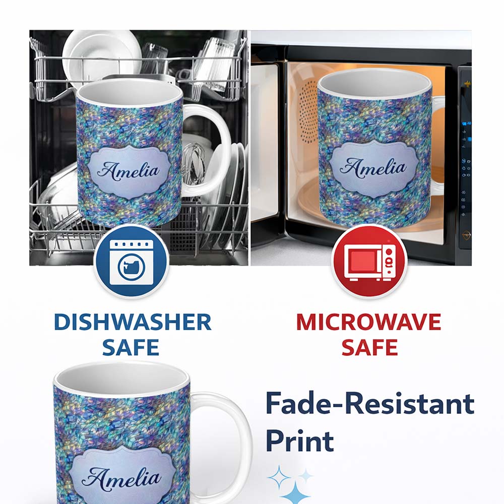 Personalized Custom Name Abstract Blue Mosaic Glass Waves Seamless Pattern Artistic Texture 11oz Ceramic Coffee Tea Mug White Large Handle
