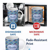 Personalized Custom Name Abstract Blue Mosaic Glass Waves Seamless Pattern Artistic Texture 11oz Ceramic Coffee Tea Mug White Large Handle