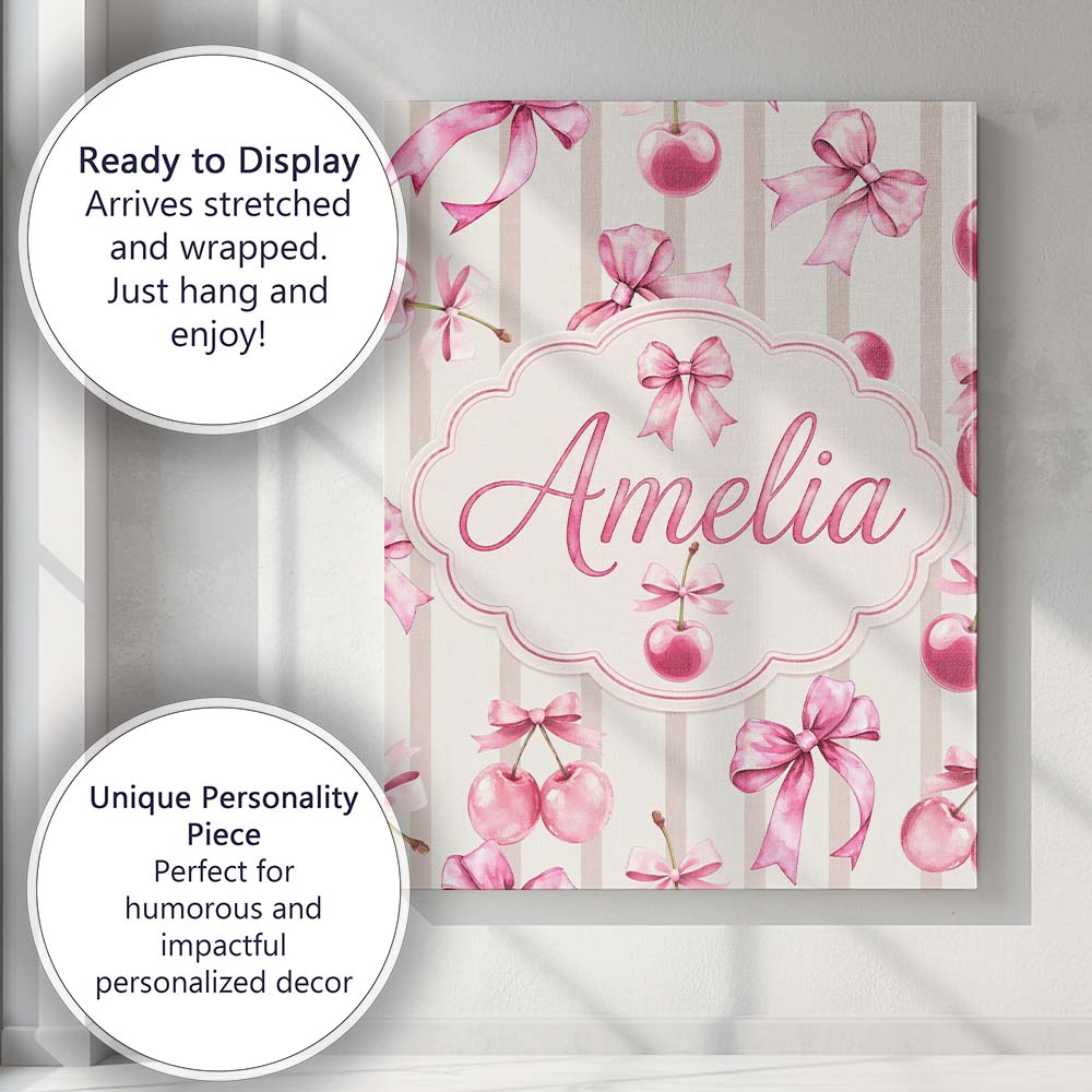 Personalised Name Watercolor Pink Cherry Ribbon Bow Seamless Pattern Custom  Home Canvas Wall Art Print Decor Picture Ready to Hang