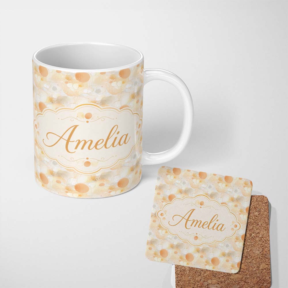 Personalized Custom Name Abstract Beige Organic Shapes Seamless Pattern Minimal Modern 11oz Ceramic Coffee Tea Mug White Large Handle