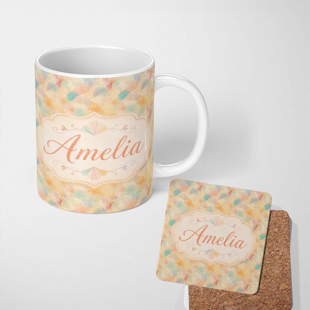 Personalized Custom Name Pastel Fan Shell Floral Seamless Pattern Soft Botanical Texture 11oz Ceramic Coffee Tea Mug White Large Handle