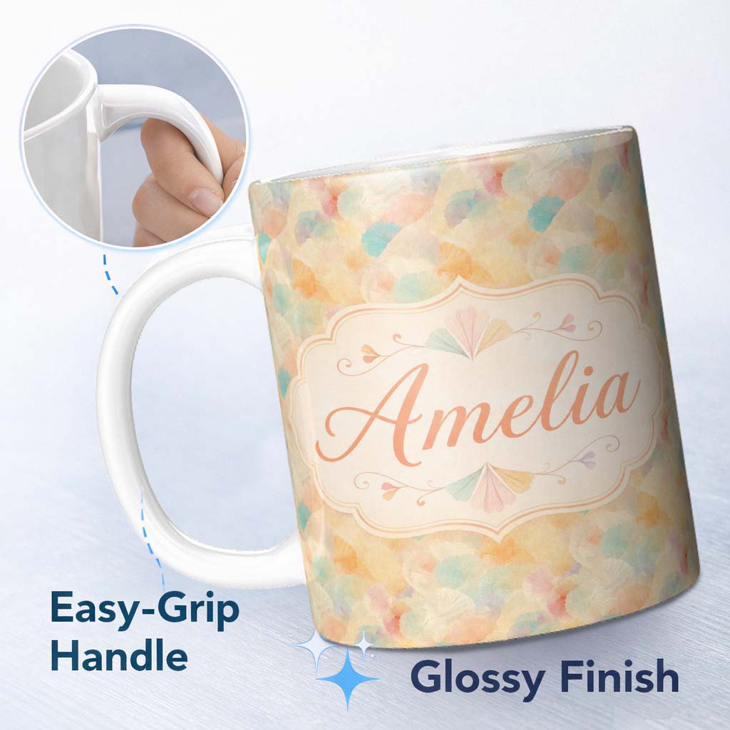 Personalized Custom Name Pastel Fan Shell Floral Seamless Pattern Soft Botanical Texture 11oz Ceramic Coffee Tea Mug White Large Handle