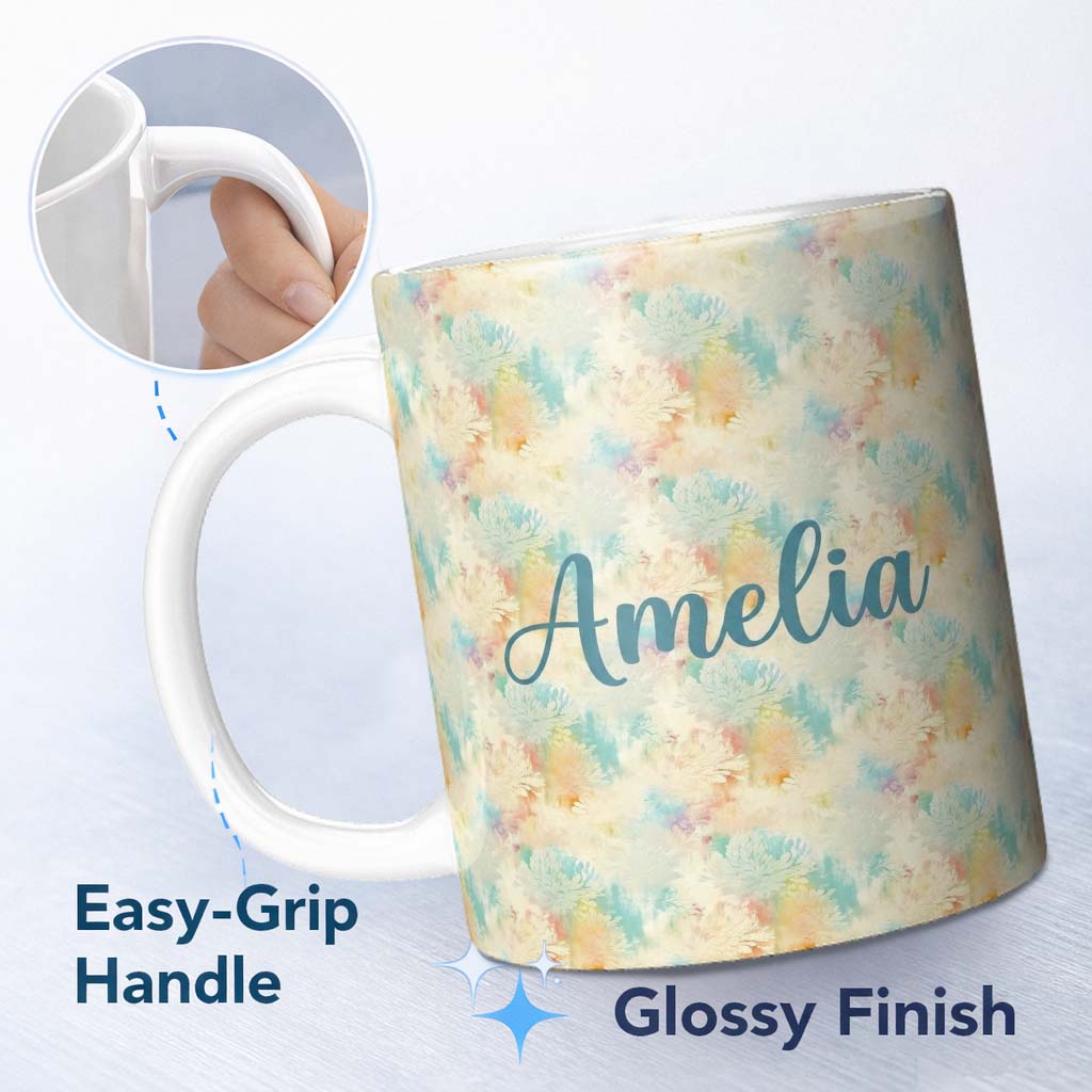 Personalized Custom Name Dreamy Pastel Floral Burst Seamless Pattern Soft Abstract Texture 11oz Ceramic Coffee Tea Mug White Large Handle