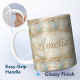 Personalized Custom Name Soft Pastel Botanical Splash Seamless Pattern Artistic Floral 11oz Ceramic Coffee Tea Mug White Large Handle