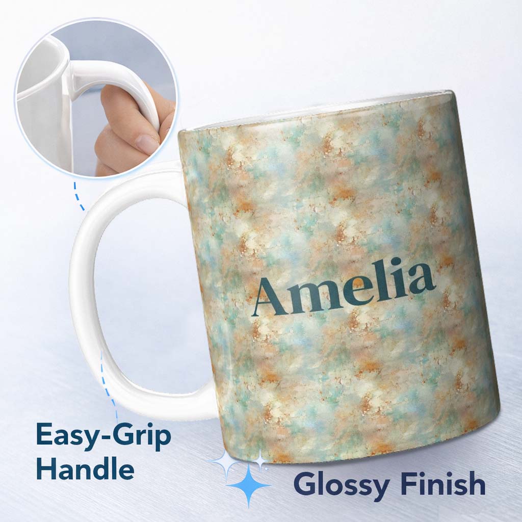 Personalized Custom Name Soft Pastel Marble Splash Seamless Pattern Elegant Abstract Texture 11oz Ceramic Coffee Tea Mug White Large Handle