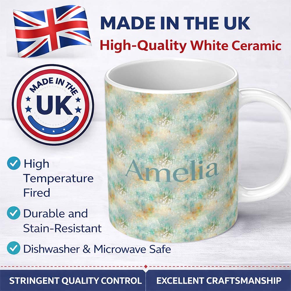 Personalized Custom Name Light Aqua Marble Texture Seamless Pattern Soft Elegant Abstract 11oz Ceramic Coffee Tea Mug White Large Handle