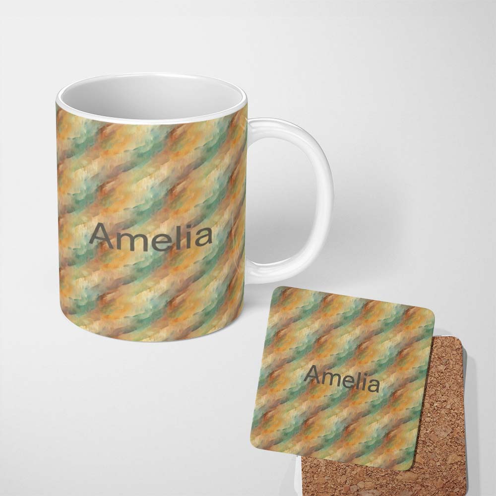 Personalized Custom Name Abstract Warm Earth Tone Brush Stroke Seamless Pattern Artistic 11oz Ceramic Coffee Tea Mug White Large Handle