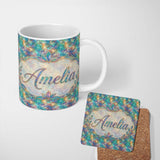 Personalized Custom Name Turquoise Mosaic Glass Floral Seamless Pattern Artistic Tile 11oz Ceramic Coffee Tea Mug White Large Handle