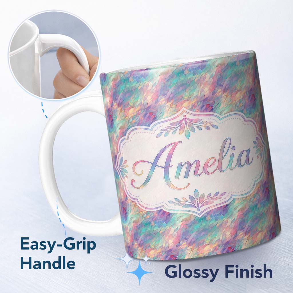 Personalized Custom Name Colorful Abstract Flowing Lines Seamless Pattern Modern Artistic 11oz Ceramic Coffee Tea Mug White Large Handle