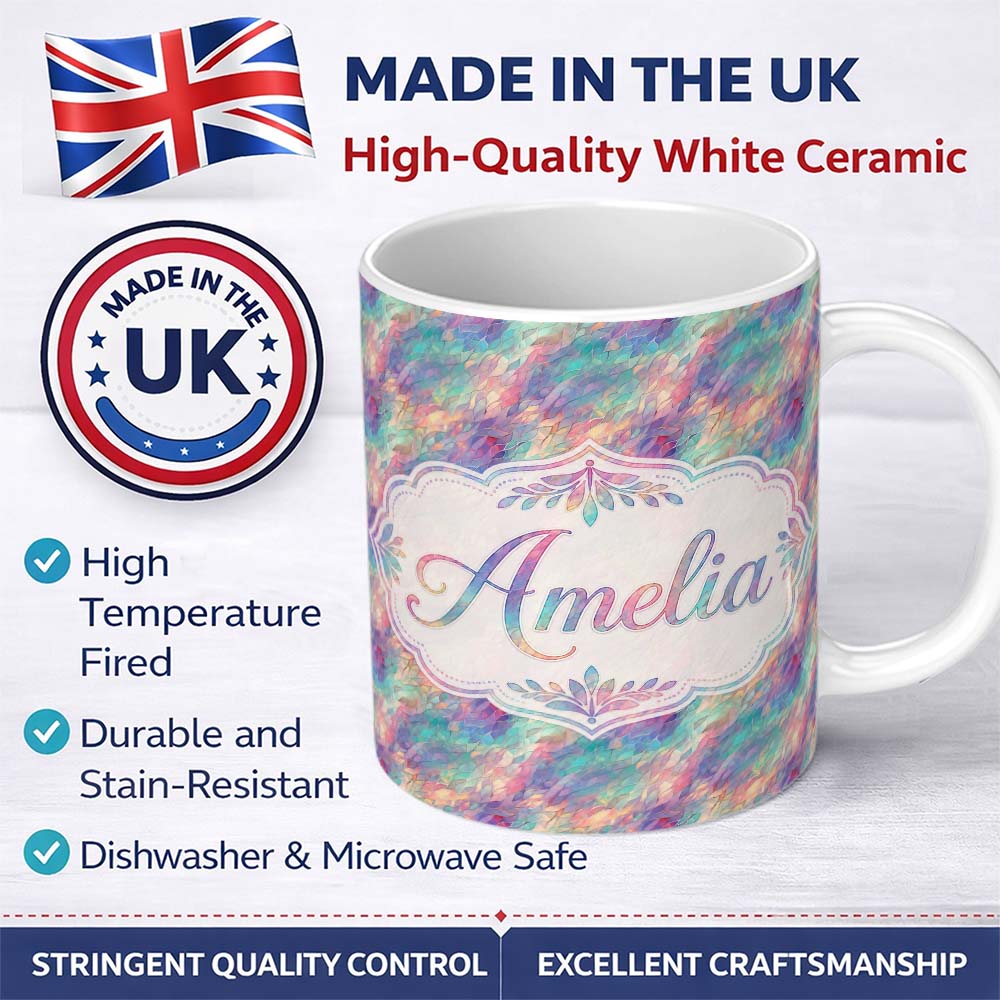 Personalized Custom Name Colorful Abstract Flowing Lines Seamless Pattern Modern Artistic 11oz Ceramic Coffee Tea Mug White Large Handle