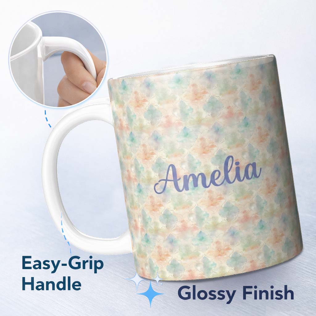 Personalized Custom Name Soft Watercolor Floral Motif Seamless Pattern Elegant Pastel Design 11oz Ceramic Coffee Tea Mug White Large Handle
