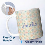 Personalized Custom Name Soft Watercolor Floral Motif Seamless Pattern Elegant Pastel Design 11oz Ceramic Coffee Tea Mug White Large Handle