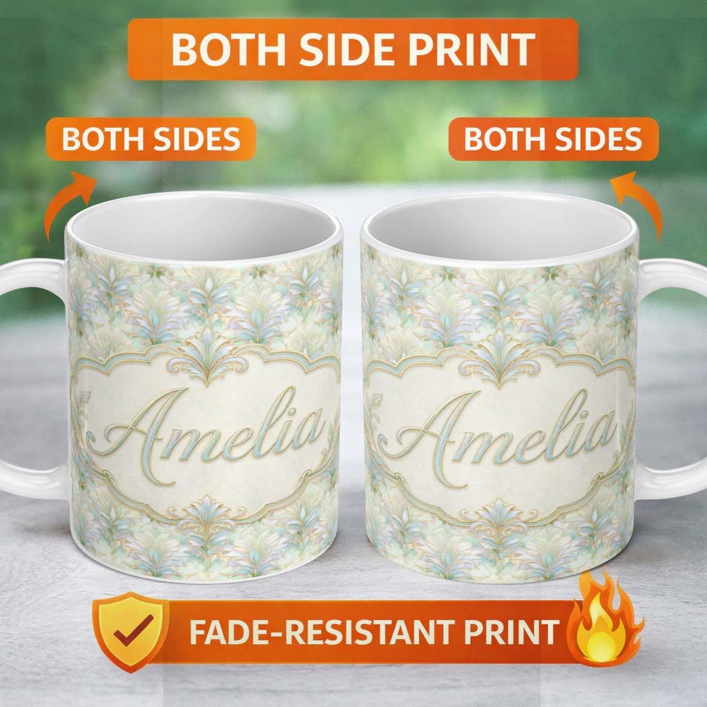 Personalized Custom Name Ornate Vintage Damask Floral Seamless Pattern Classic Elegant 11oz Ceramic Coffee Tea Mug White Large Handle