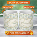 Personalized Custom Name Ornate Vintage Damask Floral Seamless Pattern Classic Elegant 11oz Ceramic Coffee Tea Mug White Large Handle